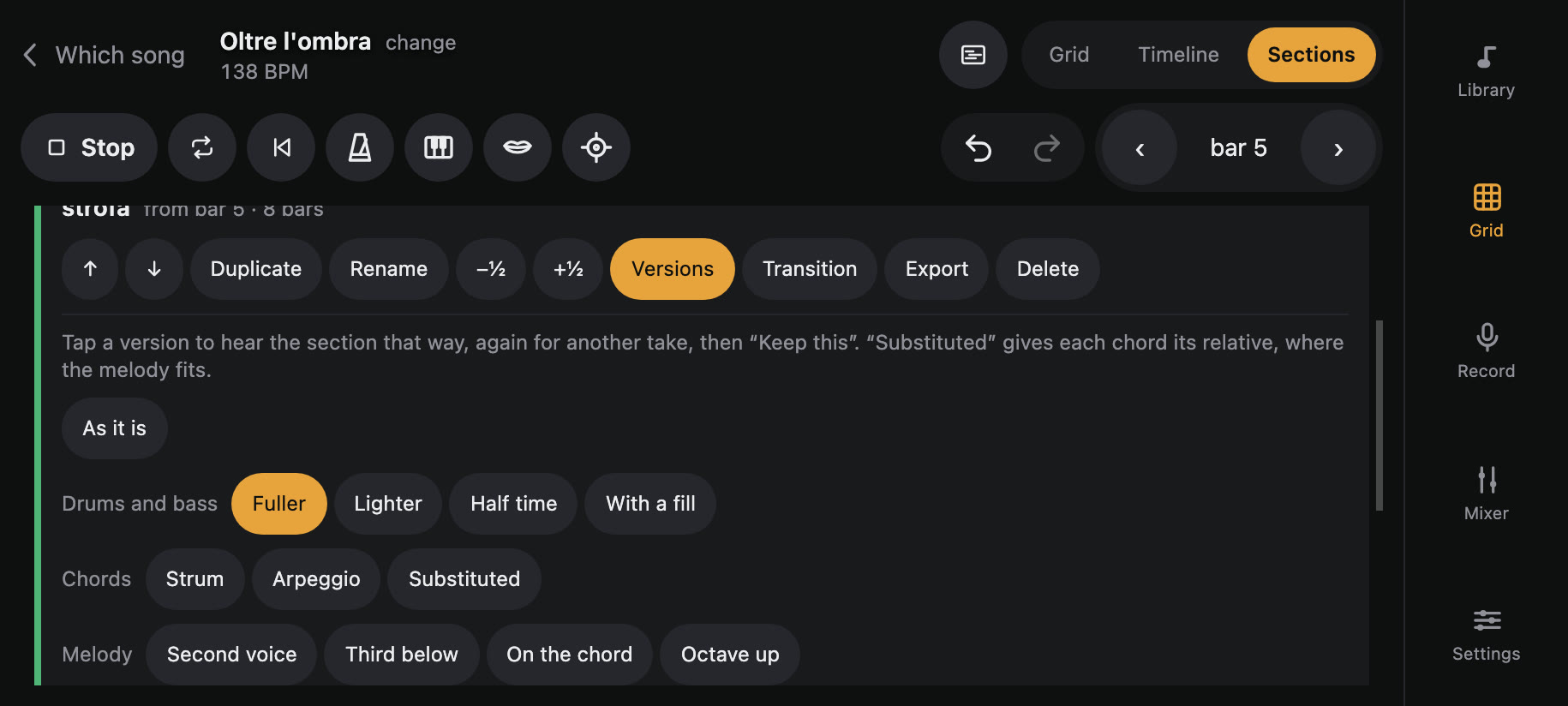 Sections: the verse versions to listen to, for drums and bass, chords and melody.