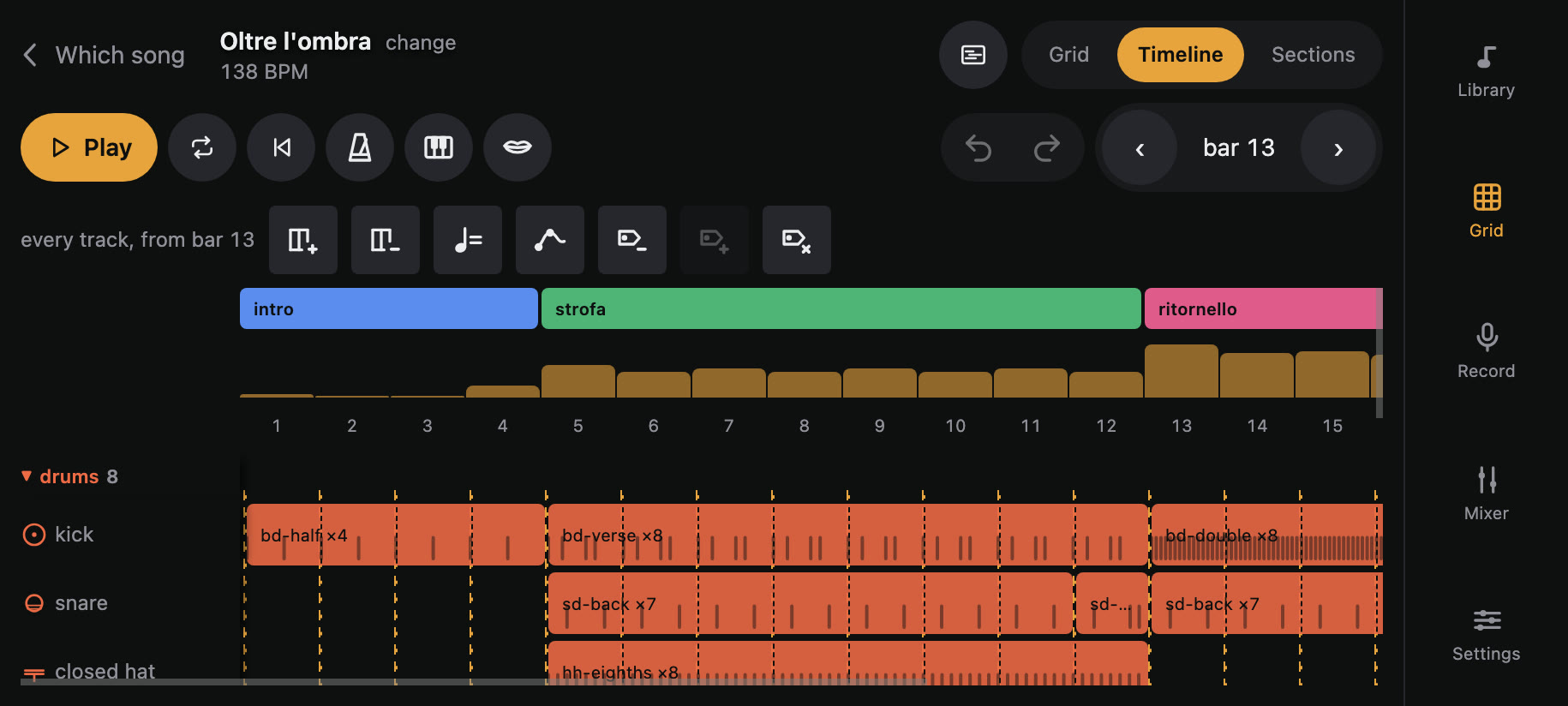 The timeline: coloured sections, blocks, and the energy of every bar.